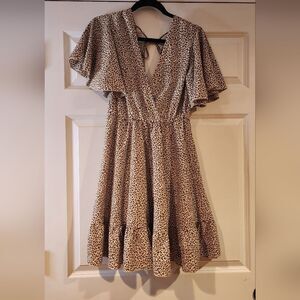 Brown animal print short sleeve low back knee length dress